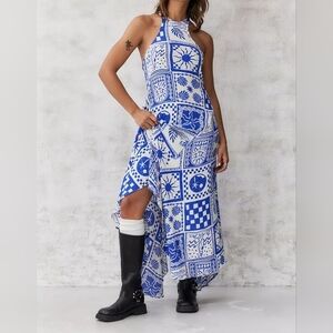 Ecote Janet Tie-Back Flowy Bohemian Asymmetrical Midi Dress, Blue & White Motif